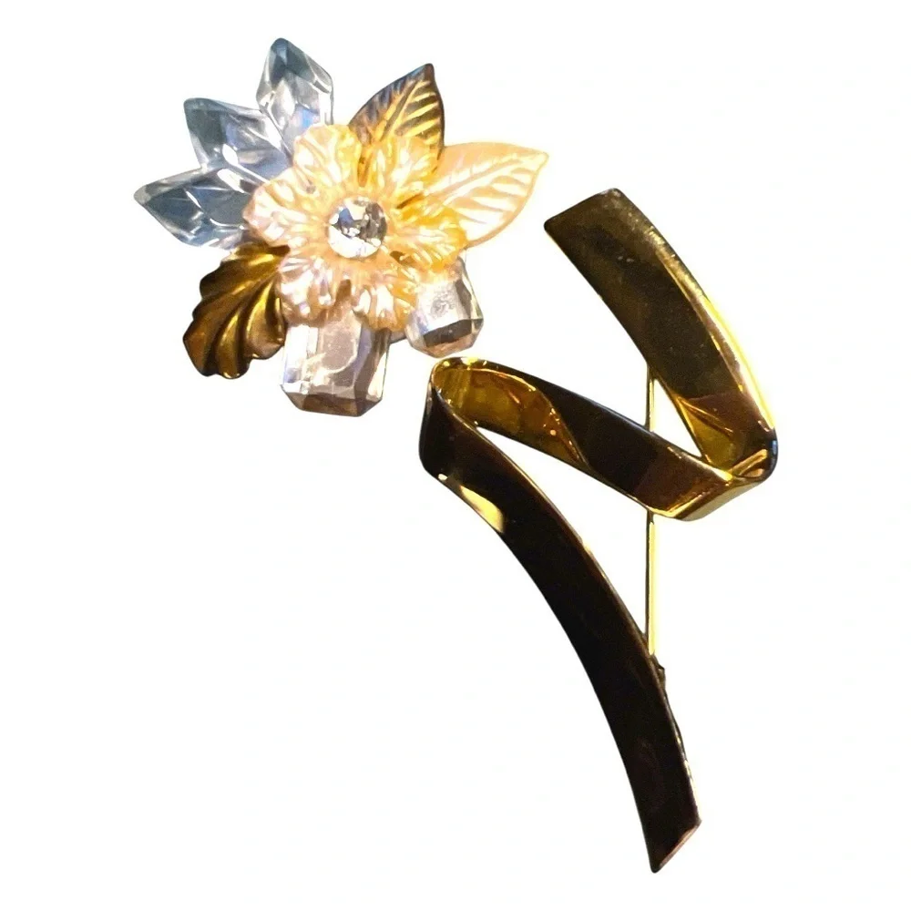 Vintage Statement Brooch Pin Trendy Pearl Flower Gold Leaves Clear Crystal Stone